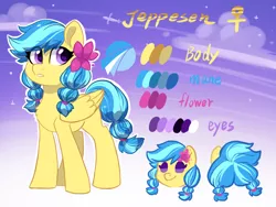 Size: 1600x1200 | Tagged: safe, artist:colorfulcolor233, derpibooru import, oc, oc:jeppesen, unofficial characters only, pegasus, pony, braid, braided tail, chest fluff, color palette, commission, cutie mark, female, flower, flower in hair, mare, pegasus oc, purple eyes, reference, reference sheet, solo, standing, twin braids, wings