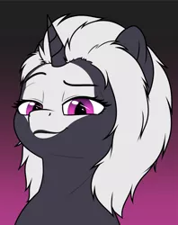 Size: 1406x1772 | Tagged: safe, artist:zippysqrl, derpibooru import, oc, oc:s.leech, unofficial characters only, pony, unicorn, bust, female, gradient background, lidded eyes, lipstick, looking at you, raised eyebrow, slit eyes, smiling, smirk, solo
