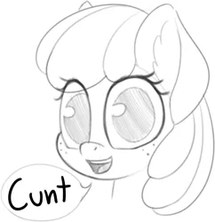 Size: 680x703 | Tagged: safe, artist:zippysqrl, derpibooru import, apple bloom, pony, bust, cunt, dialogue, female, filly, freckles, grayscale, looking at you, monochrome, sketch, solo, speech bubble, vulgar