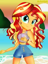 Size: 1800x2400 | Tagged: safe, artist:artmlpk, derpibooru import, sunset shimmer, equestria girls, alternate hairstyle, beach, bracelet, choker, clothes, cute, denim shorts, digital art, female, hair, hairpin, jewelry, looking at you, ocean, shimmerbetes, shorts, smiling, smiling at you, solo, vacation