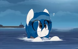 Size: 1079x680 | Tagged: safe, artist:shinodage, derpibooru import, oc, oc:merlin, ponified, original species, pony, rocket pony, autonomous spaceport drone ship, eye clipping through hair, female, mare, ocean, question mark, solo, spacex, wet