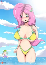 Size: 2894x4093 | Tagged: suggestive, artist:ryured, derpibooru import, fluttershy, spike, bat pony, human, absurd resolution, belly button, big breasts, bikini, breasts, busty fluttershy, cleavage, clothes, female, flutterbat, flutterspike, huge breasts, humanized, male, race swap, redraw, remake, sexy, shipping, straight, swimsuit