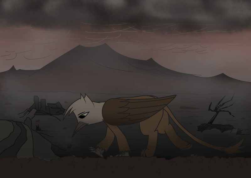 Size: 2160x1532 | Tagged: semi-grimdark, artist:somber, derpibooru import, oc, unofficial characters only, gryphon, fallout equestria, cloud, colored, fallout, male, mountain, sad, solo, walking, wasteland