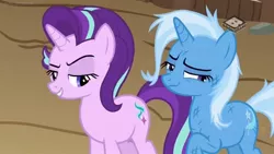 Size: 1280x720 | Tagged: safe, derpibooru import, screencap, starlight glimmer, trixie, pony, unicorn, road to friendship, boomerang (tv channel), duo, lidded eyes, looking away, messy mane, scratches