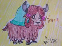 Size: 1280x960 | Tagged: safe, artist:johng15, derpibooru import, yona, yak, bow, cloven hooves, colored pencil drawing, female, hair bow, monkey swings, signature, simple background, smiling, solo, text, traditional art