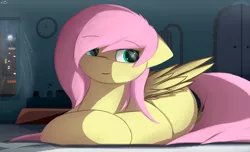 Size: 2560x1560 | Tagged: safe, artist:ssnerdy, derpibooru import, fluttershy, pegasus, pony, bedroom, clock, cute, female, floppy ears, mare, prone, shyabetes, solo