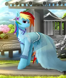 Size: 1350x1600 | Tagged: artist needed, safe, artist:ssnerdy, derpibooru import, rainbow dash, pegasus, pony, bridge, cherry blossoms, chinese text, clothes, cute, dashabetes, dress, eyeshadow, female, flower, flower blossom, image, japan, japanese, jpeg, looking at you, makeup, mare, moon runes, rainbow dash always dresses in style, river, shrine, solo