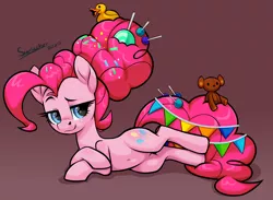Size: 2718x1992 | Tagged: safe, artist:moonseeker, derpibooru import, pinkie pie, earth pony, pony, the last problem, belly button, candy, candy in hair, confetti, female, food, lollipop, looking at you, mare, older, older pinkie pie, rubber duck, solo, teddy bear