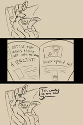 Size: 4000x6000 | Tagged: safe, artist:sile-animus, derpibooru import, oc, oc:sile, unicorn, chair, drama, magic, meta, monochrome, newspaper, not impressed, racism, sitting, solo, twitter