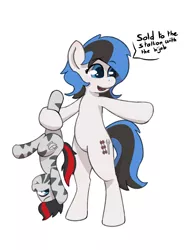 Size: 2875x3766 | Tagged: safe, artist:maxisb8, derpibooru import, oc, oc:diamond brit, oc:kezzie, unofficial characters only, pegasus, pony, zebra, female, holding a pony, male, mare, pointing, slave, standing