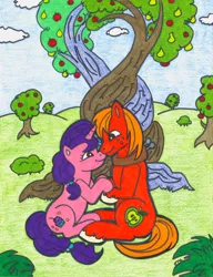 Size: 1600x2082 | Tagged: safe, artist:jamestkelley, derpibooru import, big macintosh, sugar belle, earth pony, pony, unicorn, the big mac question, apple, apple tree, bush, cloud, couple, cute, cutie mark, female, food, holding hooves, intertwined trees, looking at each other, love, male, pear, pear tree, shipping, sky, smiling, straight, sugarmac, sweet apple acres, traditional art, tree