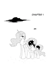 Size: 4093x5787 | Tagged: safe, artist:darkstorm mlp, derpibooru import, princess celestia, oc, oc:wishing star, alicorn, pony, unicorn, comic:friendship reborn, monochrome