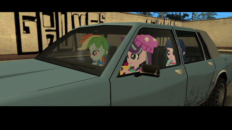 Size: 1600x900 | Tagged: safe, derpibooru import, rainbow dash, starlight glimmer, sunset shimmer, twilight sparkle, equestria girls, 3d, car, crossover, drive thru, grafiti, grand theft auto, gta san andreas