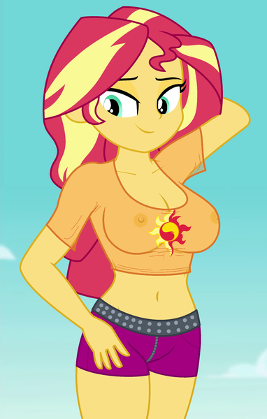 Size: 910x1430 | Tagged: questionable, derpibooru import, edit, edited screencap, editor:ah96, screencap, sunset shimmer, equestria girls, equestria girls series, forgotten friendship, arm behind head, bedroom eyes, belly button, big breasts, braless, breast edit, breasts, busty sunset shimmer, cleavage, clothes, cropped, female, midriff, nipples, nudity, see-through, see-through shirt, sexy, shorts, smiling, solo, solo female, stupid sexy sunset shimmer, thighs, woman