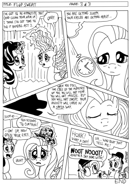 Size: 955x1342 | Tagged: artist:kturtle, comic:flop sweat, derpibooru import, fluttershy, hypnosis, monochrome, pocket watch, rainbow dash, safe, starlight glimmer, waiting for godot