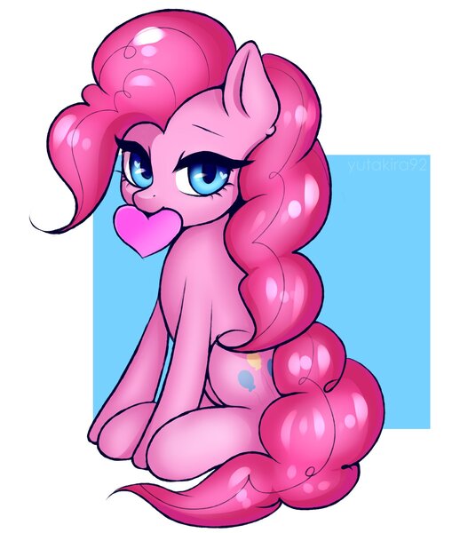Size: 1854x2147 | Tagged: safe, artist:yutakira92, derpibooru import, pinkie pie, earth pony, pony, abstract background, cute, diapinkes, female, heart, heart eyes, looking at you, mare, mouth hold, sitting, solo, wingding eyes