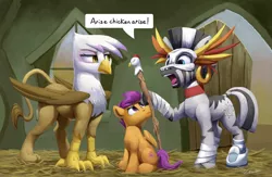 Size: 4938x3220 | Tagged: safe, artist:tsitra360, derpibooru import, gilda, scootaloo, zecora, gryphon, pegasus, pony, zebra, aqua teen hunger force, billywitchdoctor.com, commission, female, filly, high res, mask, scootachicken, scootaloo is not amused, sitting, staff, unamused