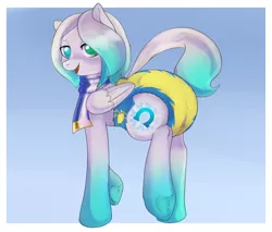 Size: 2000x1700 | Tagged: suggestive, artist:biteybaby, derpibooru import, oc, oc:cold front, unofficial characters only, pegasus, pony, clothes, diaper, diaper fetish, fetish, frog (hoof), heterochromia, latex, male, scarf, simple background, solo, underhoof, wonderbolt themed, wonderbolts