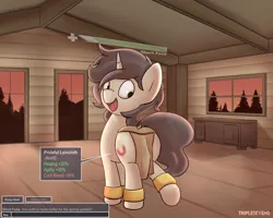 Size: 2500x2000 | Tagged: artist:triplesevens, butt, cabin, chat, derpibooru import, healer, loincloth, male, mmo, mooseknuckle, oc, oc:short fuse, plot, solo, solo male, suggestive, unofficial characters only, video game, walking away