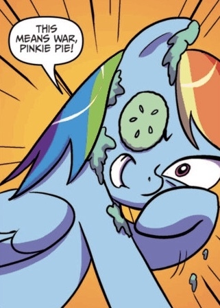 Size: 321x448 | Tagged: artist:amy mebberson, cucumber, cucumber monocle, cucumber pirate, derpibooru import, food, idw, implied pinkie pie, mud mask, pillow, pillow fight, rainbow dash, safe, spoiler:comic, spoiler:comic5, wiping