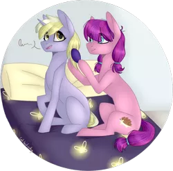 Size: 914x898 | Tagged: safe, artist:sychia, derpibooru import, dinky hooves, lily longsocks, earth pony, pony, unicorn, bed, circle, comb, cute, dinkabetes, dinkily, duo, female, lesbian, mare, older, pillow, raised hoof, shipping, simple background, sitting, transparent background