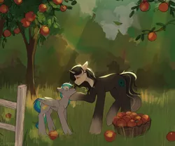 Size: 2048x1705 | Tagged: artist needed, safe, derpibooru import, oc, oc:caroline, oc:star shine, unofficial characters only, pegasus, pony, unicorn, wolf, wolf pony, apple, apple tree, basket, fence, food, tree, young