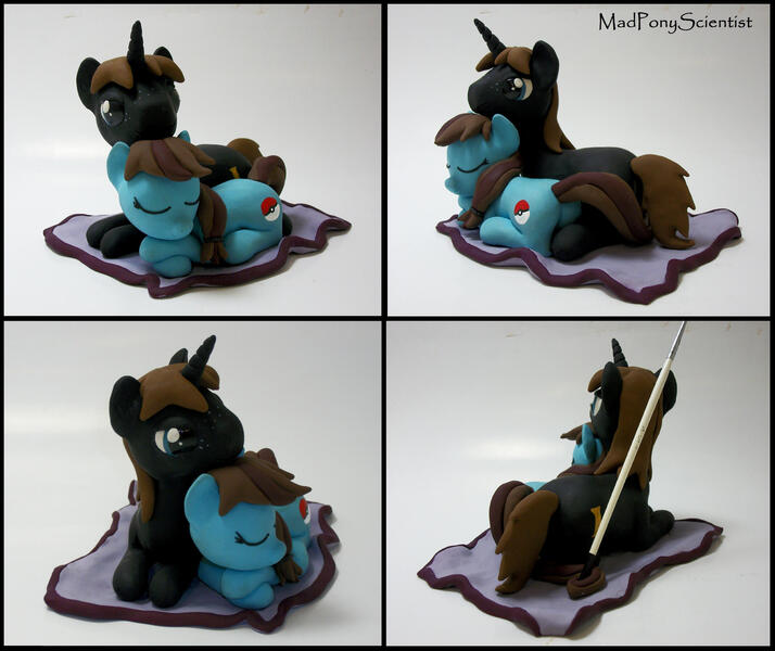 Size: 2672x2244 | Tagged: safe, artist:madponyscientist, derpibooru import, oc, unofficial characters only, earth pony, pony, unicorn, commission, craft, cuddling, eyes closed, female, holiday, incense, irl, male, mare, oc x oc, photo, prone, sculpture, shipping, stallion, straight, valentine's day