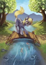 Size: 2471x3500 | Tagged: safe, artist:taytinabelle, derpibooru import, derpy hooves, fish, koi, pegasus, pony, bridge, cute, derpabetes, digital art, ear fluff, female, fluffy, grass, happy, looking down, mare, nature, open mouth, river, smiling, solo, tree