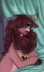 Size: 3400x5600 | Tagged: safe, artist:violettacamak, derpibooru import, oc, oc:prince pretzle, unofficial characters only, hybrid, pony, yak, hair over one eye, interspecies offspring, looking at you, male, offspring, painting, parent:pinkie pie, parent:prince rutherford, parents:pinkieford, rutherpie, shipping, solo
