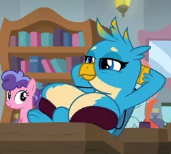Size: 1200x1080 | Tagged: suggestive, artist:raziel grave, derpibooru import, edit, edited screencap, screencap, berry blend, berry bliss, gallus, ocellus, gryphon, a rockhoof and a hard place, big breasts, bra, breast edit, breasts, busty gallina, clothes, cropped, female, friendship student, gallina, huge breasts, rule 63, smug, stupid sexy gallus, underwear