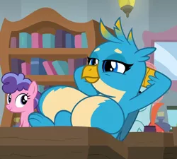 Size: 1200x1080 | Tagged: suggestive, artist:raziel grave, derpibooru import, edit, edited screencap, screencap, berry blend, berry bliss, gallus, ocellus, gryphon, a rockhoof and a hard place, big breasts, breast edit, breasts, busty gallina, cropped, female, friendship student, gallina, huge breasts, rule 63, smug, stupid sexy gallus