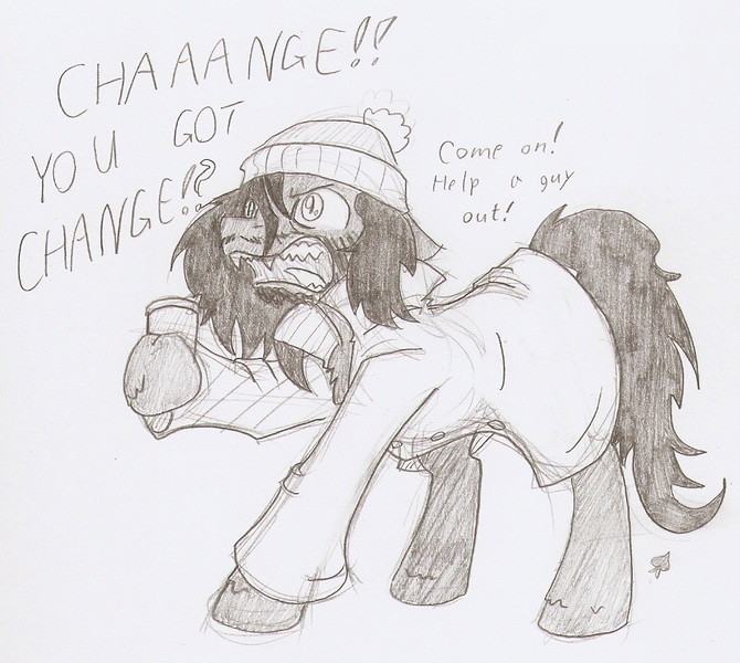 Size: 1041x932 | Tagged: safe, artist:ravenpuff, deleted from derpibooru, derpibooru import, oc, oc:flux chord, pony, chester a. bum, clothes, cosplay, costume, male, monochrome, solo, stallion, traditional art