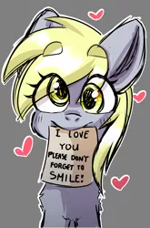 Size: 1000x1512 | Tagged: safe, artist:cottonsweets, derpibooru import, derpy hooves, ditzy doo, pegasus, pony, blushing, bronybait, chest fluff, cross-eyed, cute, derp, derpabetes, eye clipping through hair, female, halfbody, heart, i love you, looking at you, mare, mouth hold, note, outline, positive ponies, simple background, smiling, smiling at you, solo