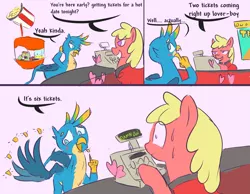 Size: 3099x2403 | Tagged: safe, artist:skunkstripe, derpibooru import, gallus, gryphon, pony, blushing, cash register, comic, dialogue, gallus gets all the creatures, hearts and hooves day, holiday, implied shipping, polyamory, student six omniship, valentine's day