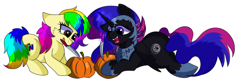 Size: 1280x432 | Tagged: safe, artist:rainbowtashie, author:bigonionbean, derpibooru import, oc, oc:queen nightmare pulsar, oc:rainbow tashie, unofficial characters only, alicorn, earth pony, pony, alicorn oc, alicorn princess, armor, commissioner:bigonionbean, cutie mark, fusion, fusion:queen nightmare pulsar, horn, knife, pumpkin, royalty, simple background, transparent background, wings