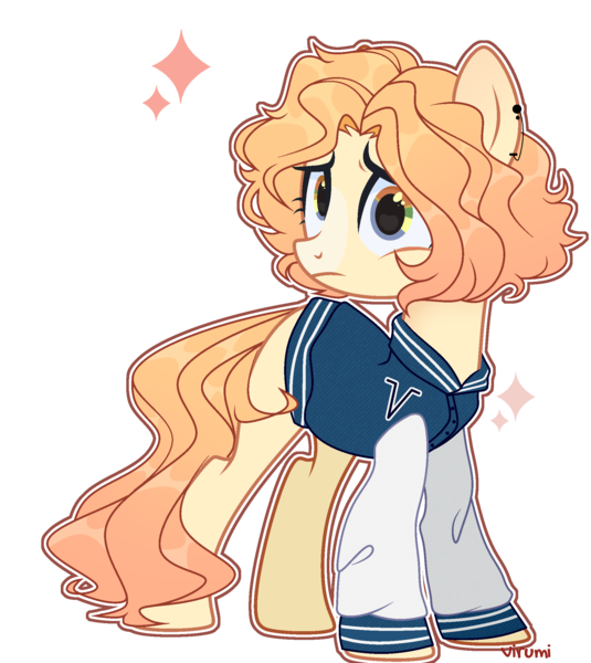 Size: 1966x2206 | Tagged: safe, artist:yourfiend, derpibooru import, oc, oc:virumi, unofficial characters only, earth pony, pony, clothes, ear piercing, earring, female, jacket, jersey, jewelry, mare, piercing, rainbow eyes, simple background, solo, transparent background