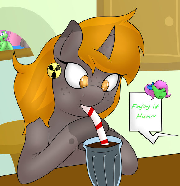 Size: 1836x1905 | Tagged: safe, artist:big brawler, derpibooru import, oc, oc:nuclear fusion, oc:zippy sparkz, unofficial characters only, pegasus, unicorn, art trade, cute, dialogue, female, freckles, ionizing radiation warning symbol, mare, milkshake, speech bubble, straw, straw in mouth, weapons-grade cute