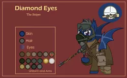 Size: 3000x1832 | Tagged: safe, artist:n0kkun, derpibooru import, oc, oc:diamond eyes (ice1517), unofficial characters only, bat pony, pony, army, bag, bat pony oc, bat wings, belt, boots, boys anti tank rifle, clothes, goggles, gun, male, mask, military, pants, pouch, raised hoof, red background, reference sheet, rifle, saddle bag, shirt, shoes, simple background, solo, stallion, trenchcoat, weapon, wings, world war ii