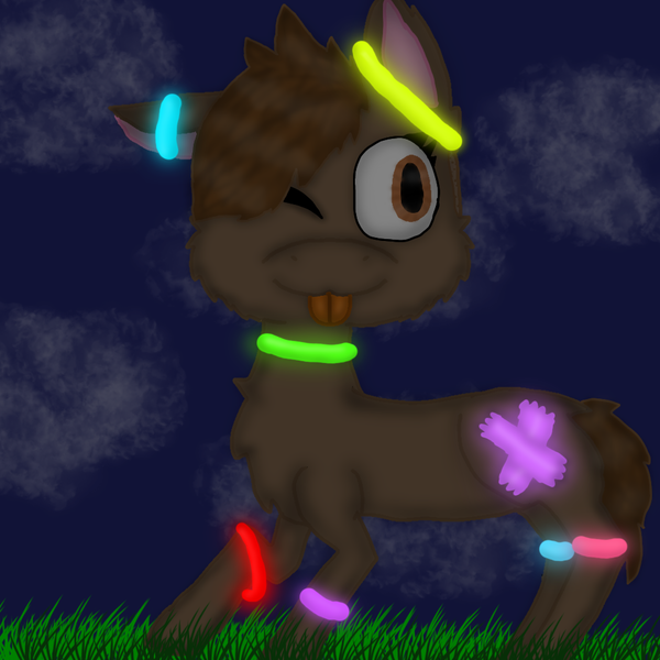 Size: 1000x1000 | Tagged: safe, artist:ravepony134, derpibooru import, oc, oc:lilly flower, pony, :3, chest fluff, cloud, cute, glow, grass, night, one eye closed, rave, solo, spring break, tongue out, wink