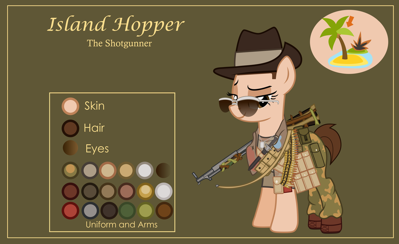Size: 3000x1832 | Tagged: safe, artist:n0kkun, derpibooru import, oc, oc:island hopper, unofficial characters only, earth pony, pony, bandolier, bedroom eyes, belt, boots, bullet, camouflage, clothes, dog tags, female, green background, gun, hat, knife, mare, military, pants, pouch, reference sheet, scarf, shirt, shoes, shotgun, simple background, slouch hat, solo, sunglasses, t-shirt, weapon, world war ii