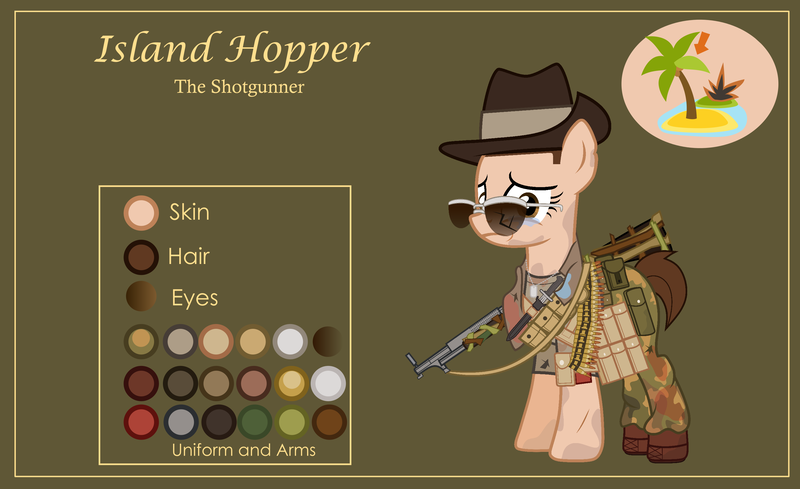 Size: 3000x1832 | Tagged: safe, alternate version, artist:n0kkun, derpibooru import, oc, oc:island hopper, unofficial characters only, earth pony, pony, bandolier, belt, boots, broken glasses, bullet, camouflage, clothes, crying, dirt, dog tags, female, green background, gun, hat, knife, mare, military, mud, nervous, pants, pouch, reference sheet, sad, scar, scarf, shirt, shoes, shotgun, simple background, slouch hat, solo, sunglasses, t-shirt, traumatized, weapon, world war ii