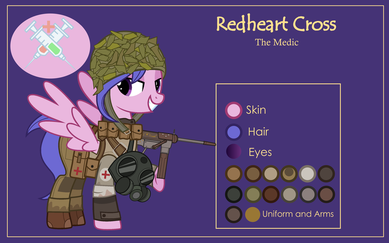 Size: 3001x1881 | Tagged: safe, artist:n0kkun, derpibooru import, oc, oc:redheart cross, unofficial characters only, pegasus, pony, armor, bandage, bedroom eyes, boots, clothes, combat armor, combat medic, female, gas mask, gloves, gun, helmet, m3 grease gun, mare, mask, military, pants, pouch, purple background, red cross, reference sheet, shirt, shoes, simple background, solo, submachinegun, weapon, world war ii