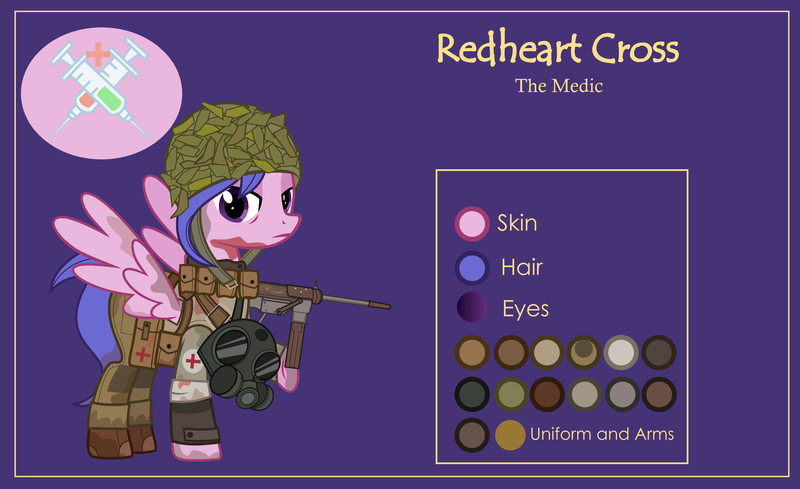 Size: 3000x1832 | Tagged: semi-grimdark, alternate version, artist:n0kkun, derpibooru import, oc, oc:redheart cross, unofficial characters only, pegasus, pony, armor, bandage, blood, boots, clothes, combat armor, combat medic, dirt, female, gas mask, gloves, gun, helmet, m3 grease gun, mare, mask, military, mud, pants, pouch, purple background, red cross, reference sheet, sad, shirt, shoes, simple background, solo, submachinegun, weapon, world war ii