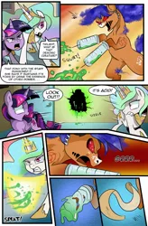 Size: 1280x1949 | Tagged: acid, alicorn, artist:candyclumsy, bandage, comic:curse and madness, derpibooru import, force field, magic, mlpcam, oc, partial transformation, princess celestia, safe, syringe, transformation, twilight sparkle, twilight sparkle (alicorn)