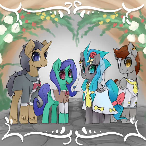 Size: 1000x1000 | Tagged: artist:starlightspark, derpibooru import, lockburn, marriage, oc, oc:blackburn, oc:lockwood, oc:pewter, oc:tick tock, safe, wedding