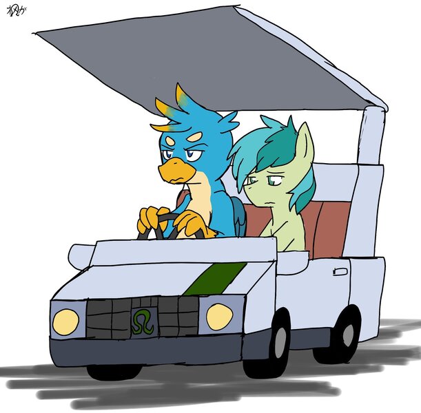 Size: 2048x2010 | Tagged: safe, alternate version, artist:omegapony16, derpibooru import, gallus, sandbar, earth pony, gryphon, pony, colored, driving, duo, frown, golf cart, japanese, male, simple background, sitting, stallion, unamused, white background