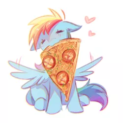 Size: 1050x1050 | Tagged: artist needed, safe, derpibooru import, rainbow dash, pegasus, pony, /mlp/, blushing, cute, dashabetes, drawthread, food, heart, mouth hold, nom, pizza, simple background, sitting, solo, spread wings, that pony sure does love pizza, white background, wings