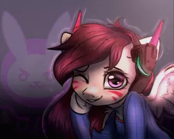 Size: 1280x1024 | Tagged: safe, artist:reterica, derpibooru import, ponified, pony, d.va, looking at you, one eye closed, overwatch, smiling, solo, video game