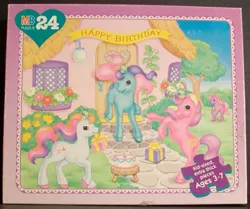 Size: 799x669 | Tagged: safe, derpibooru import, official, ivy, light heart, sundance (g2), sweet berry, g2, banner, birthday party, cake, candle, flower, food, house, milton bradley, party, present, puzzle, tree
