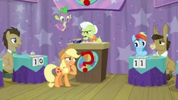 Size: 1920x1080 | Tagged: amused, applejack, are you kidding me, a trivial pursuit, bell, blushing, derpibooru import, disappointed, doctor whooves, dragon, embarrassed, female, grandmother and grandchild, grandmother and granddaughter, granny smith, granny smith is not amused, mare, matilda, pegasus, rainbow dash, safe, screencap, smiling, smirk, spike, time turner, winged spike